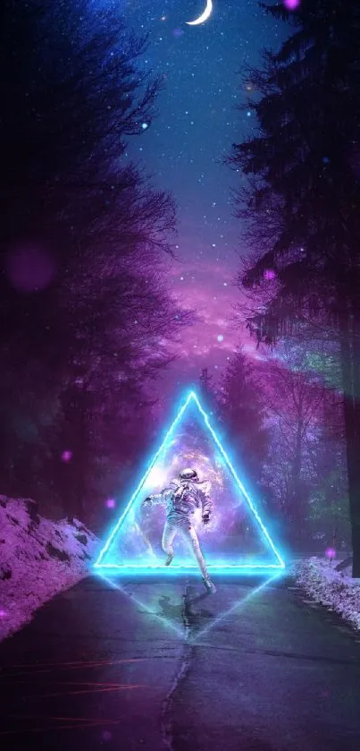 Astronaut stepping into a neon triangle amidst a surreal night forest.