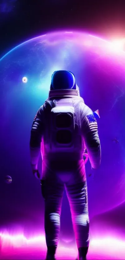 Astronaut in neon space theme with vibrant colors.