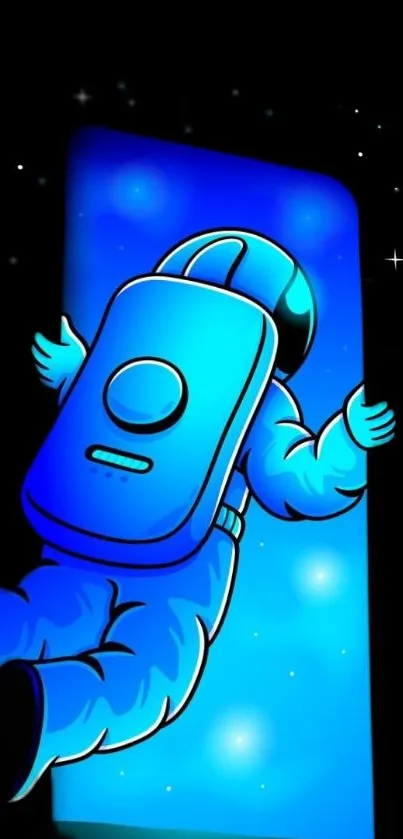 Neon astronaut floating with a cosmic blue background on a phone wallpaper.