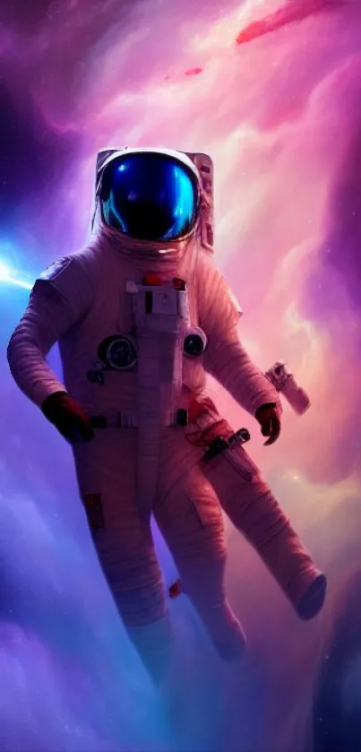 Astronaut floating in a vibrant neon-colored space scene.