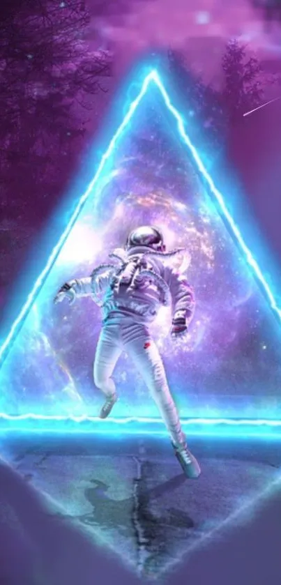 Astronaut surrounded by a glowing neon triangle in a purple forest.