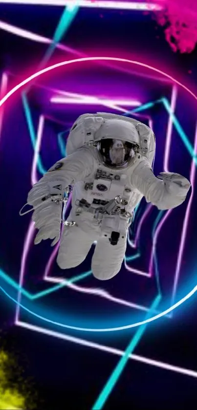 Astronaut floating in vibrant neon tunnel with colorful geometric patterns.