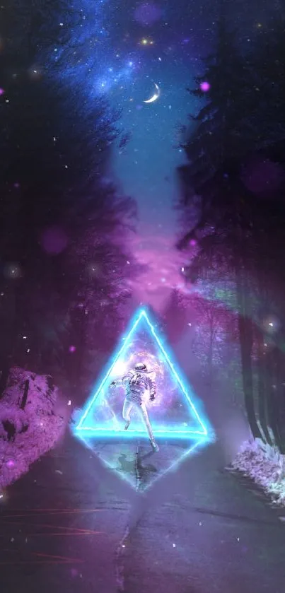 Neon astronaut in a surreal forest landscape with starry sky backdrop.