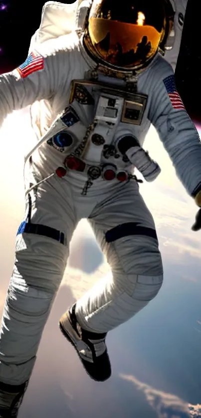 Astronaut floating in space above Earth with dark blue background.