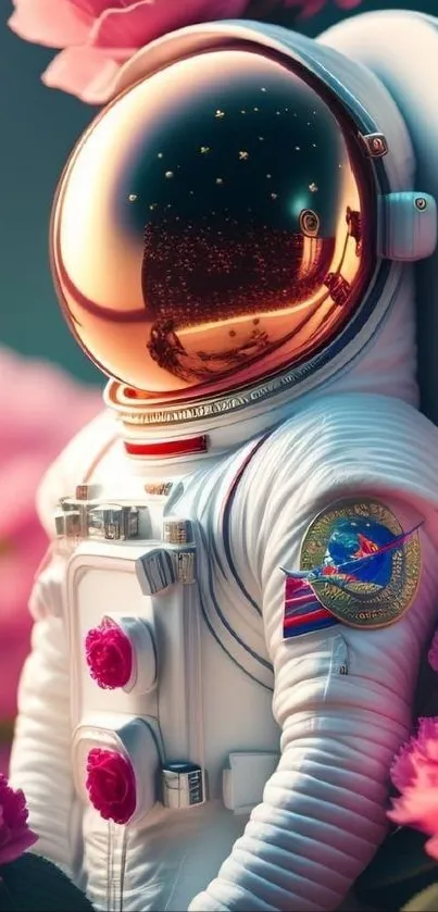 Astronaut in white suit surrounded by pink roses.