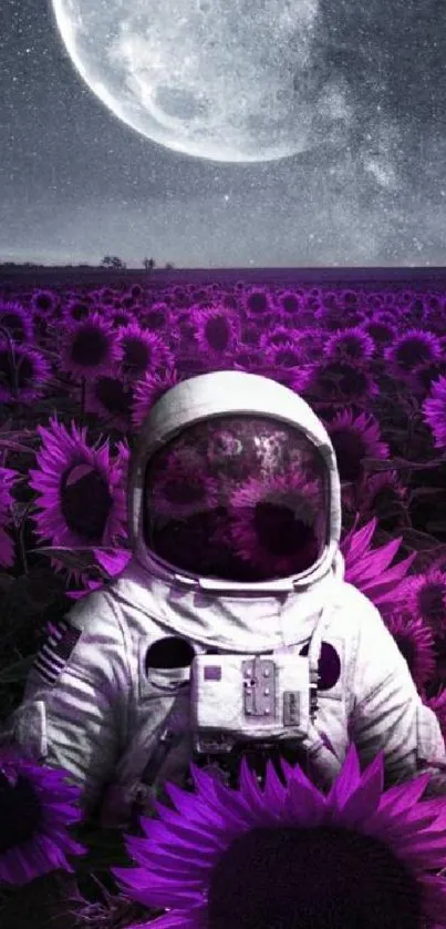 Astronaut walking through purple sunflower field under a large moonlit sky.