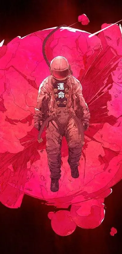 Astronaut floating in a red cosmic sphere with a dark background.