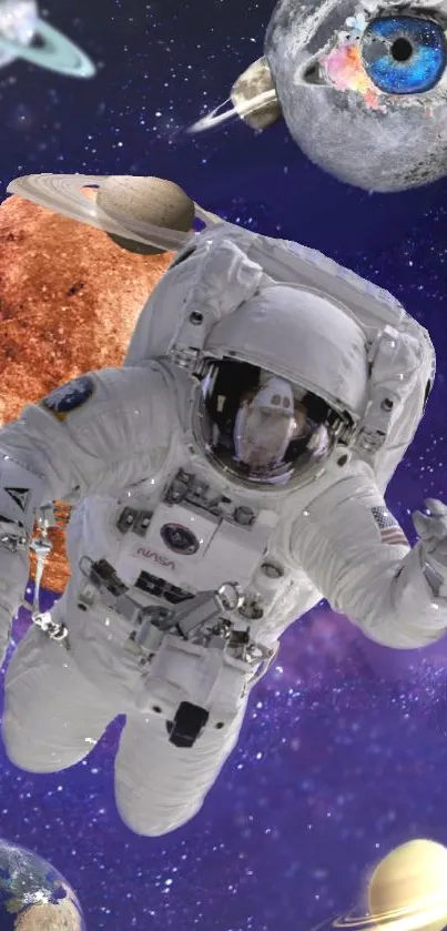 Astronaut floats among vibrant planets in a purple galaxy.