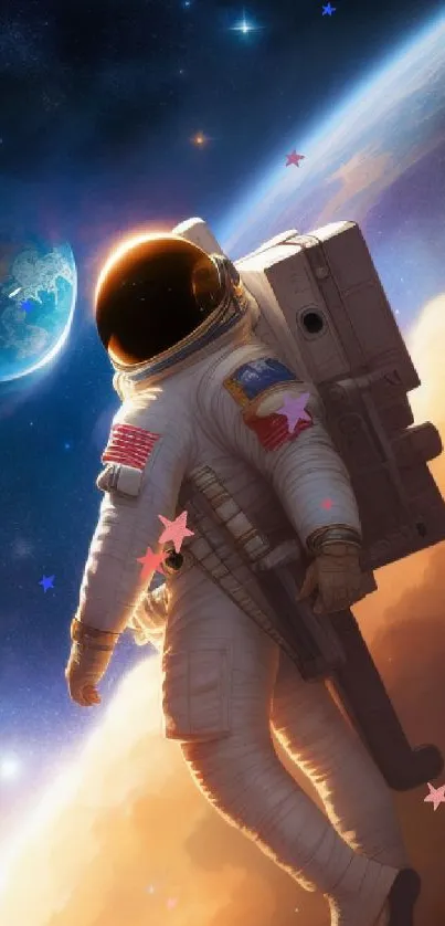 Astronaut floating in space with planet view, cosmic backdrop, and vibrant colors.