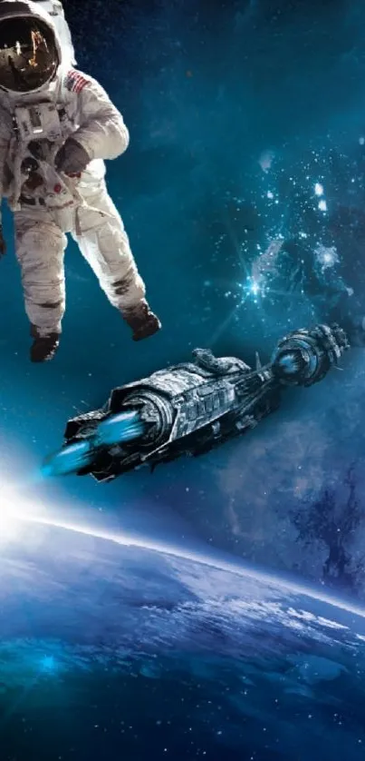 Astronaut and spaceship in stunning galaxy wallpaper.