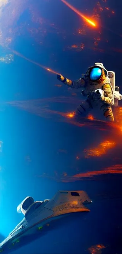 Astronaut floating near spaceship in cosmic space.