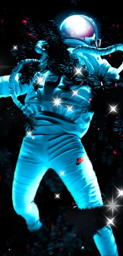 Astronaut floating in space with a glowing suit and cosmic background.