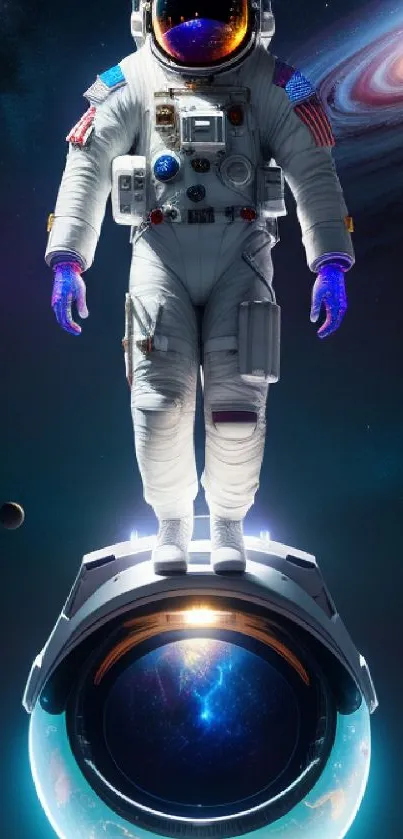 Astronaut floating in cosmic space with planets and galaxy background.