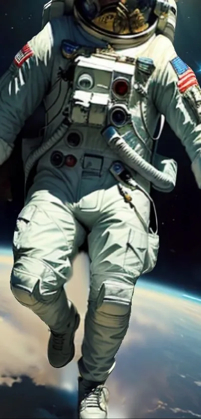 Astronaut floating in space above Earth with stars and planet view.