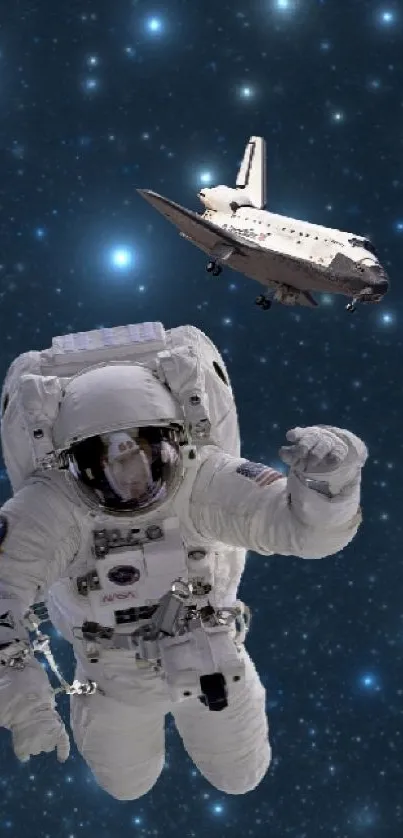 Astronaut floating near space shuttle in starry galaxy.