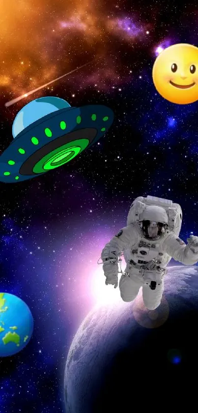 Astronaut floating in colorful space with UFO and emoji.