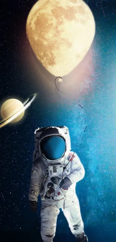 Astronaut floating in space with moon balloon and planet.