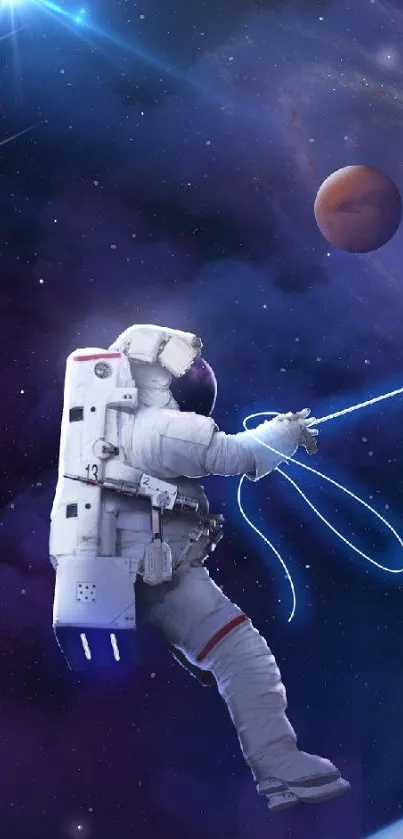 Astronaut with blue lasso in vibrant cosmic scene, surrounded by planets.