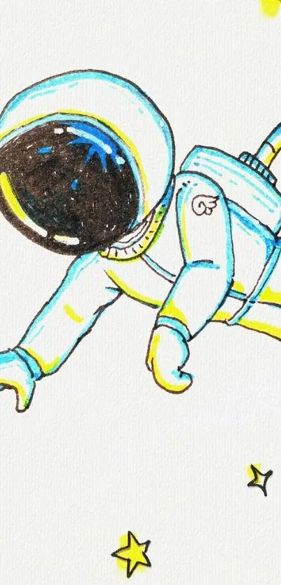 Whimsical astronaut floating in space with yellow stars on a white background.