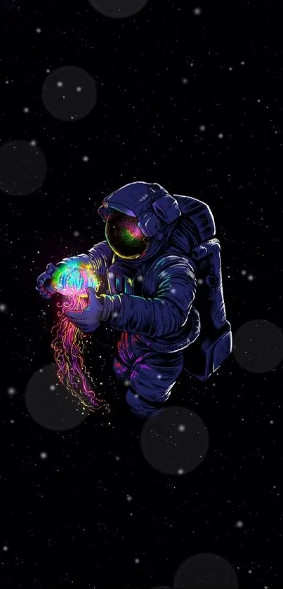 Astronaut holding colorful cosmos in deep space art.