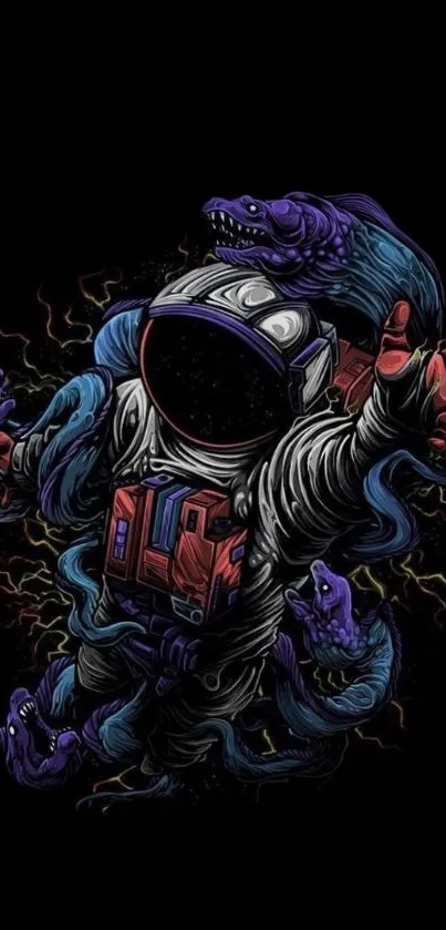 Colorful astronaut entangled with serpents in space-themed wallpaper.