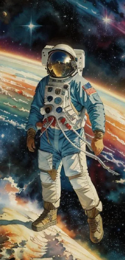 Astronaut floating in vibrant cosmic space, colorful galaxy backdrop.