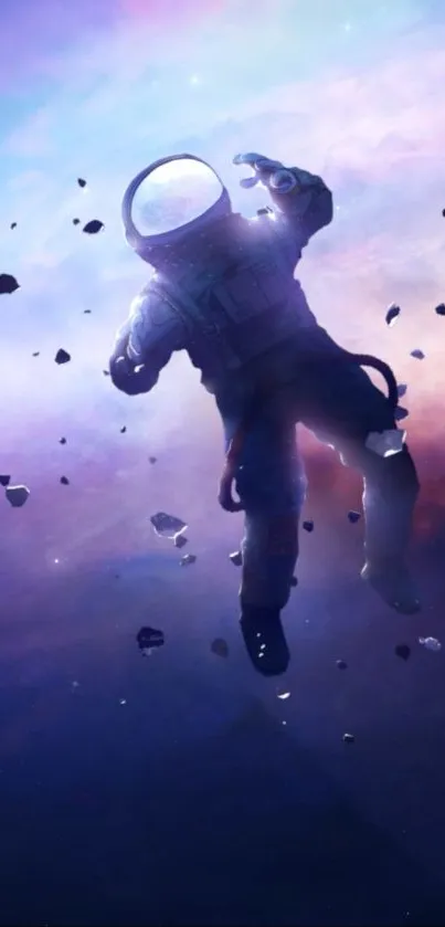 Astronaut floating in cosmic galaxy art with dark blue hues.