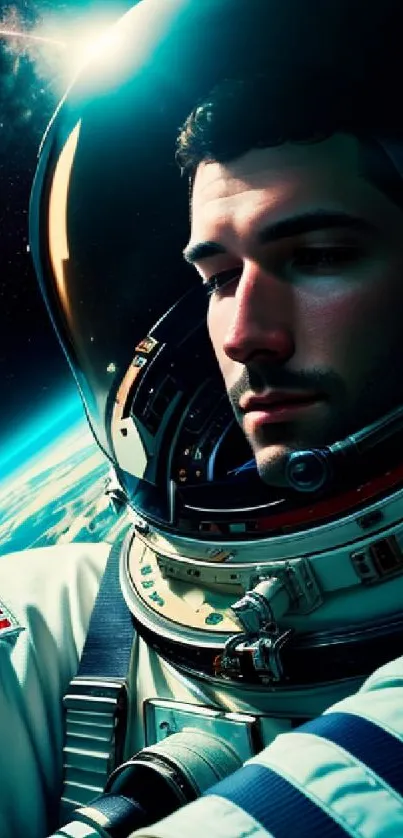 Close-up of astronaut in space with Earth and cosmic view.