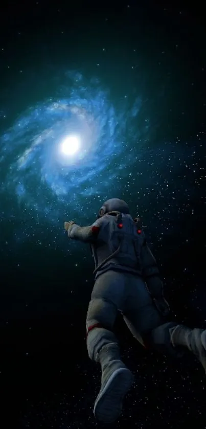 Astronaut floating towards a spiral galaxy in space.