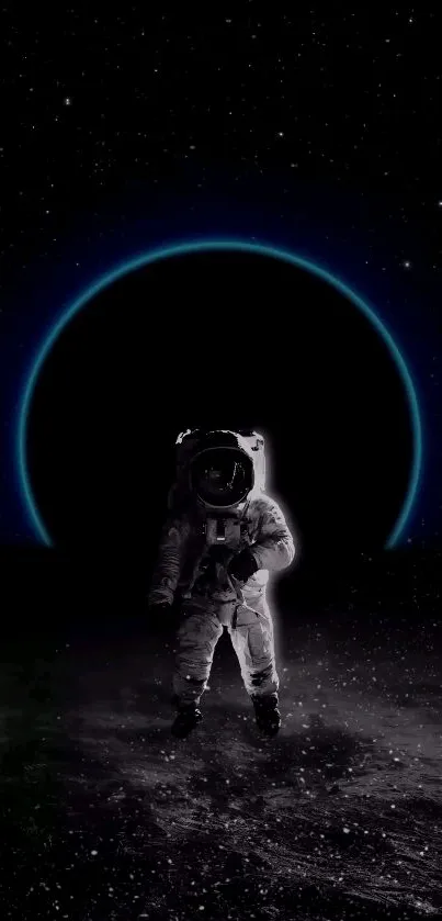 Astronaut standing in starry space with a glowing eclipse backdrop.