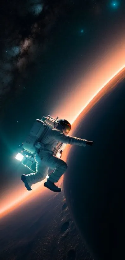 Astronaut floating in space near an orange-glowing planet's horizon.