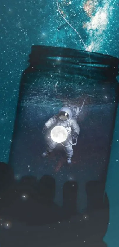 Artistic wallpaper of an astronaut in a jar floating in space with a starry background.