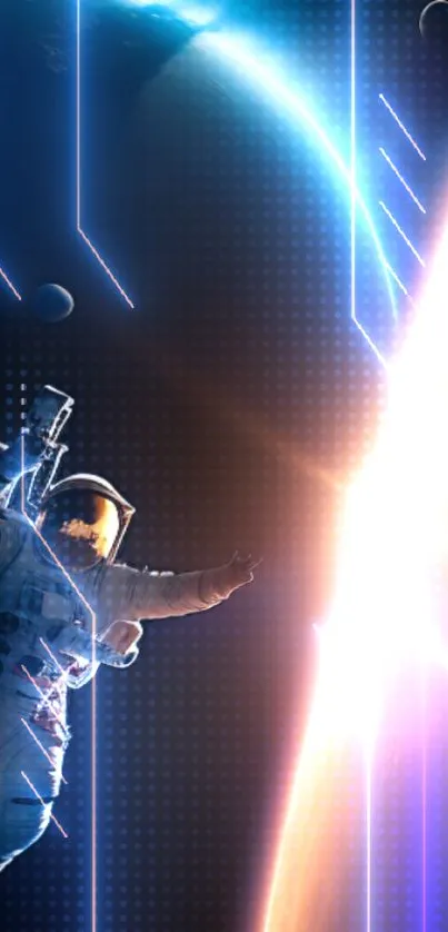 Astronaut in glowing space with cosmic light and futuristic design.