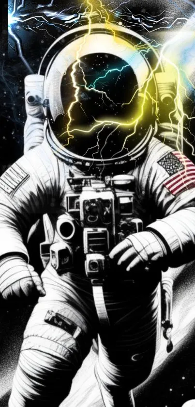 Astronaut with lightning on a cosmic space background.