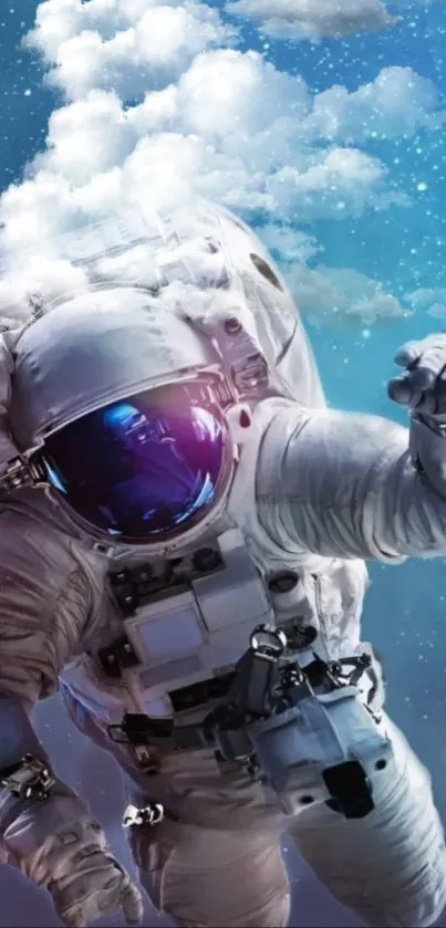 Astronaut floating in space with starry blue background.