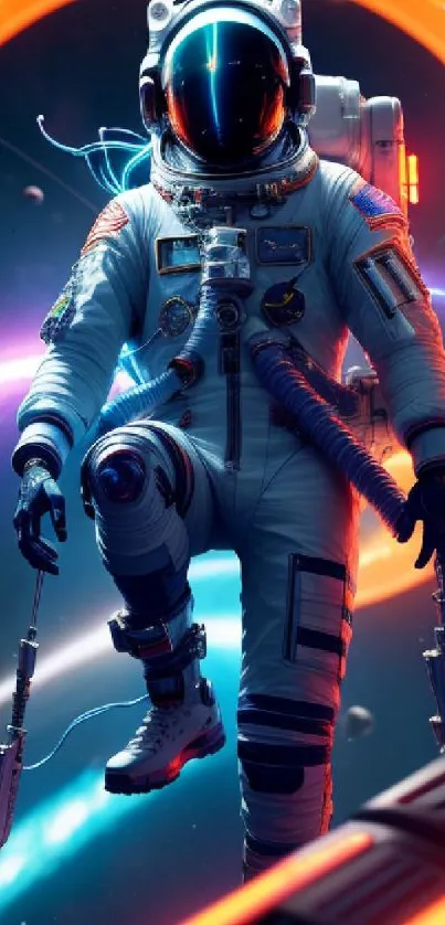 Astronaut floating in vibrant neon-lit space with planets and spacecraft nearby.