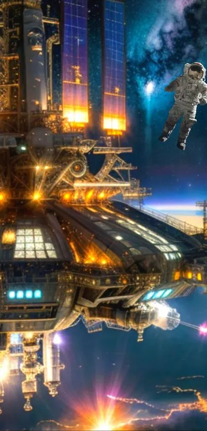 Astronaut and futuristic space station with galaxy backdrop.
