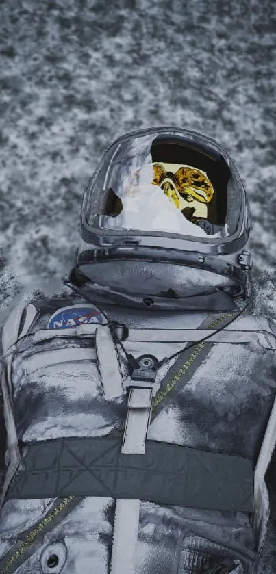 Astronaut resting in snowy terrain with reflective helmet.