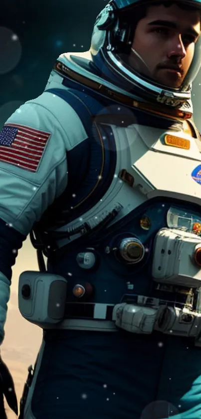 Astronaut in detailed space suit with cosmic background, ideal for phone wallpaper.