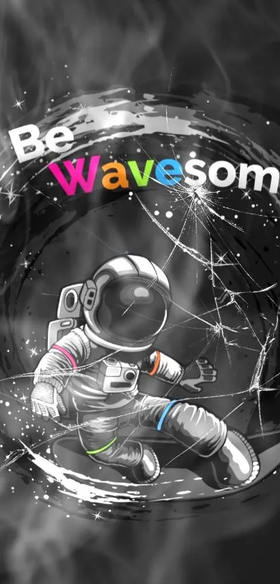 Astronaut surfing in space with vibrant colors.