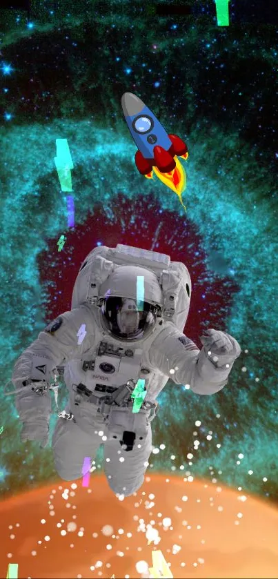 Astronaut floating in a colorful cosmic vortex with a rocket ship.