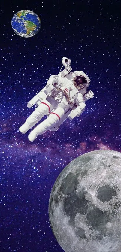 Mobile wallpaper with an astronaut floating in space above the moon and Earth.