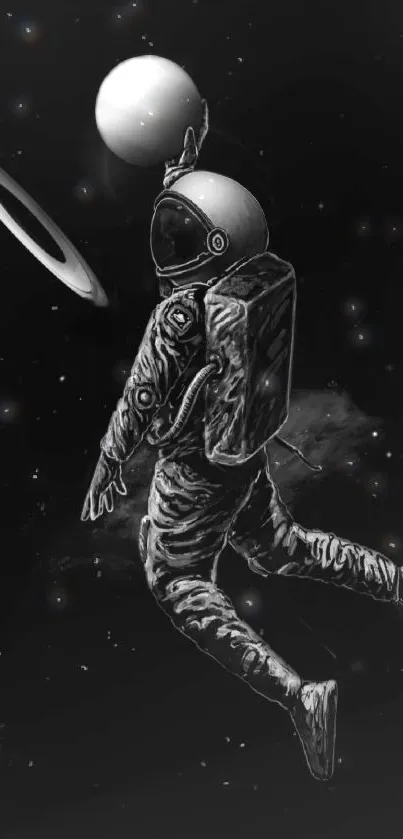 Astronaut floating in space with stars and planets.