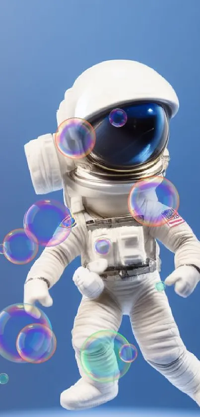 Astronaut in a white suit floating against a blue space-themed background.