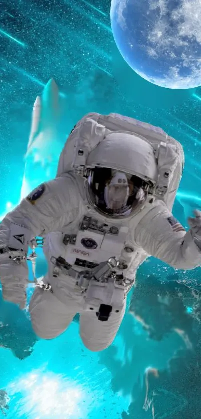 Astronaut floating in cosmic space with moon backdrop.