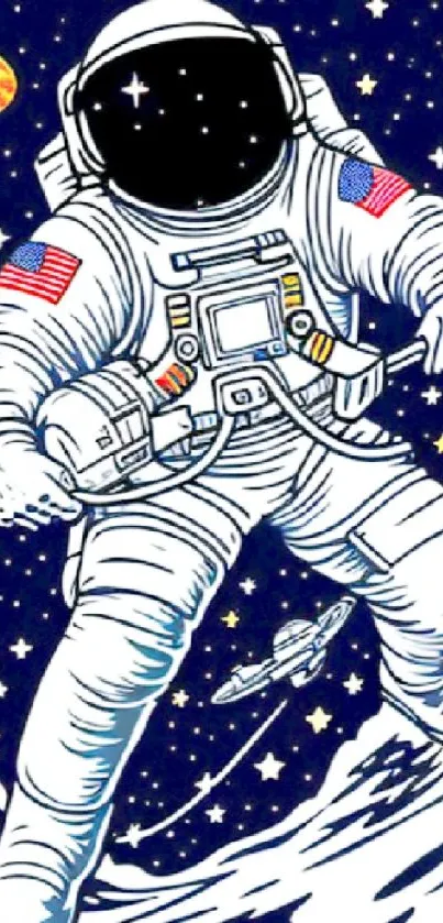 Astronaut in colorful space suit with stars and a spaceship on a mobile wallpaper.