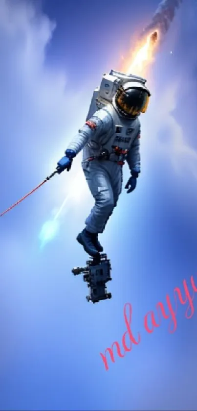 Astronaut floating in a blue cosmic sky with clouds and stars.