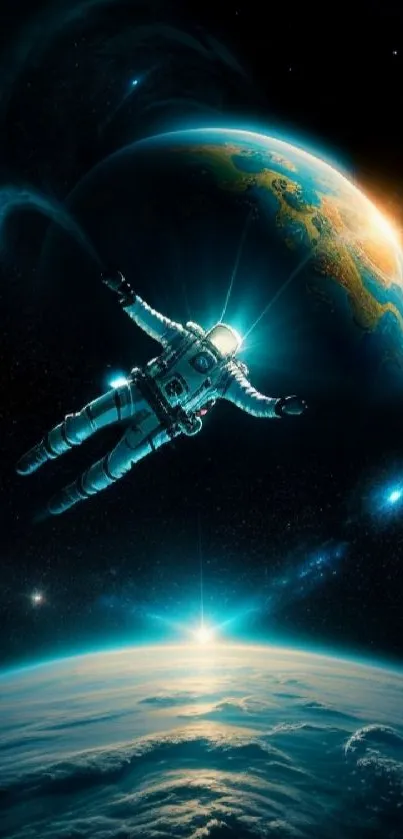 Astronaut floating in space above Earth with a cosmic backdrop.