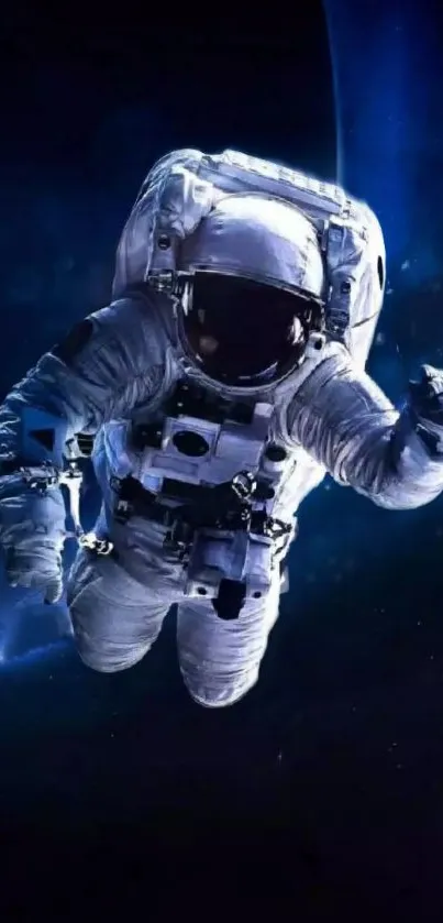 Astronaut floating in dark blue space, capturing cosmic adventure.