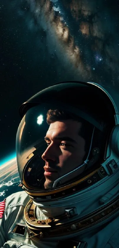 Astronaut gazing at Earth with a galaxy background.